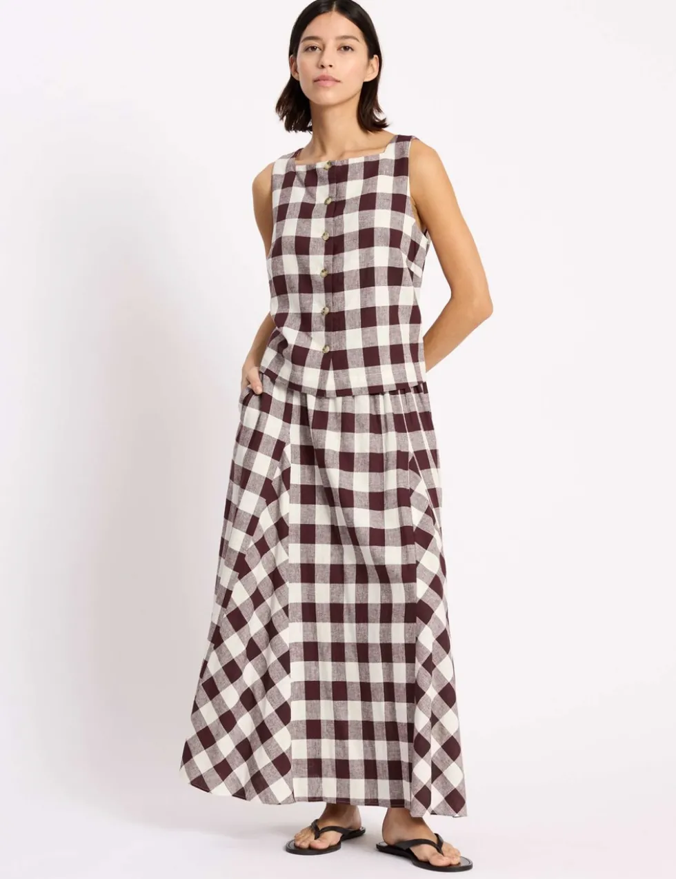 Linen Rich Gingham Square Neck Top