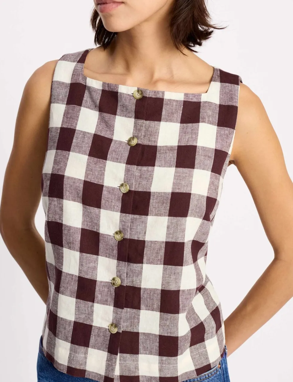 Linen Rich Gingham Square Neck Top