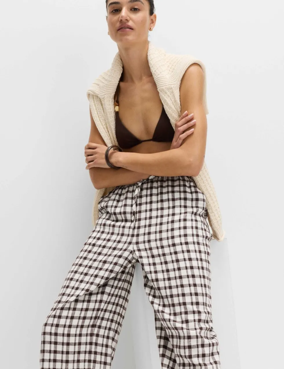 Linen Rich Gingham Wide Leg Trousers