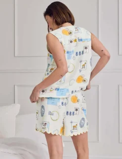 Linen Rich Holiday Print Tie Front Shortie Set