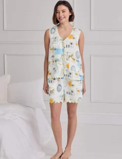 Linen Rich Holiday Print Tie Front Shortie Set