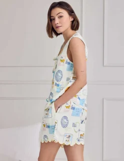 Linen Rich Holiday Print Tie Front Shortie Set