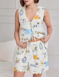 Linen Rich Holiday Print Tie Front Shortie Set