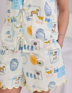 Linen Rich Holiday Print Tie Front Shortie Set