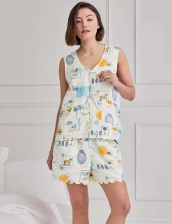 Linen Rich Holiday Print Tie Front Shortie Set