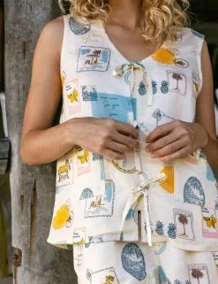 Linen Rich Holiday Print Tie Front Shortie Set