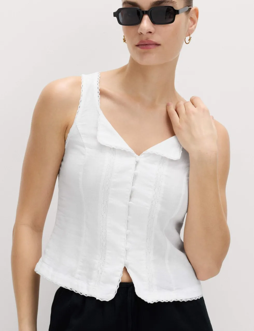 Linen Rich Lace Insert Button Detail Blouse
