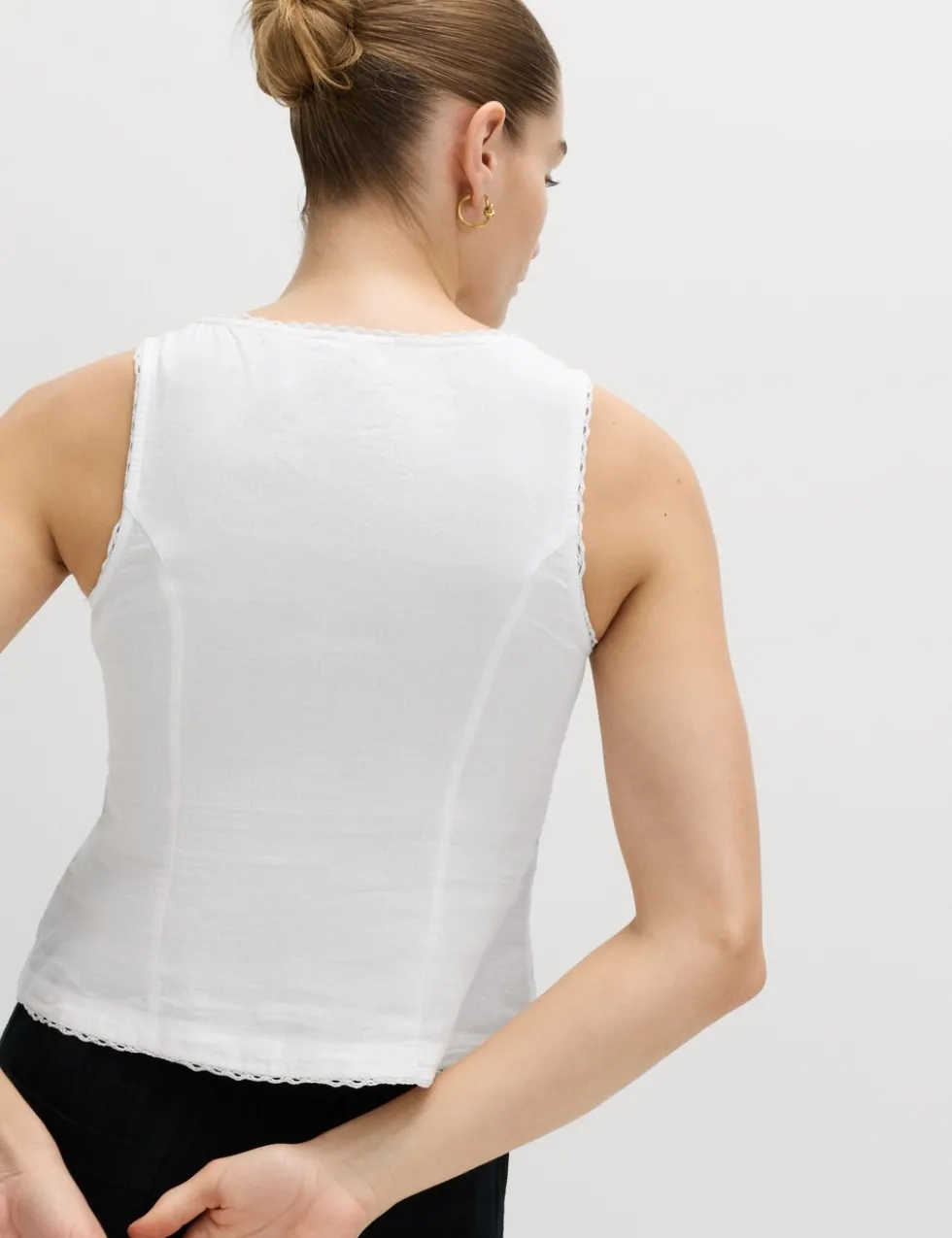Linen Rich Lace Insert Button Detail Blouse