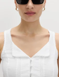 Linen Rich Lace Insert Button Detail Blouse