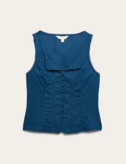 Linen Rich Lace Insert Button Detail Blouse