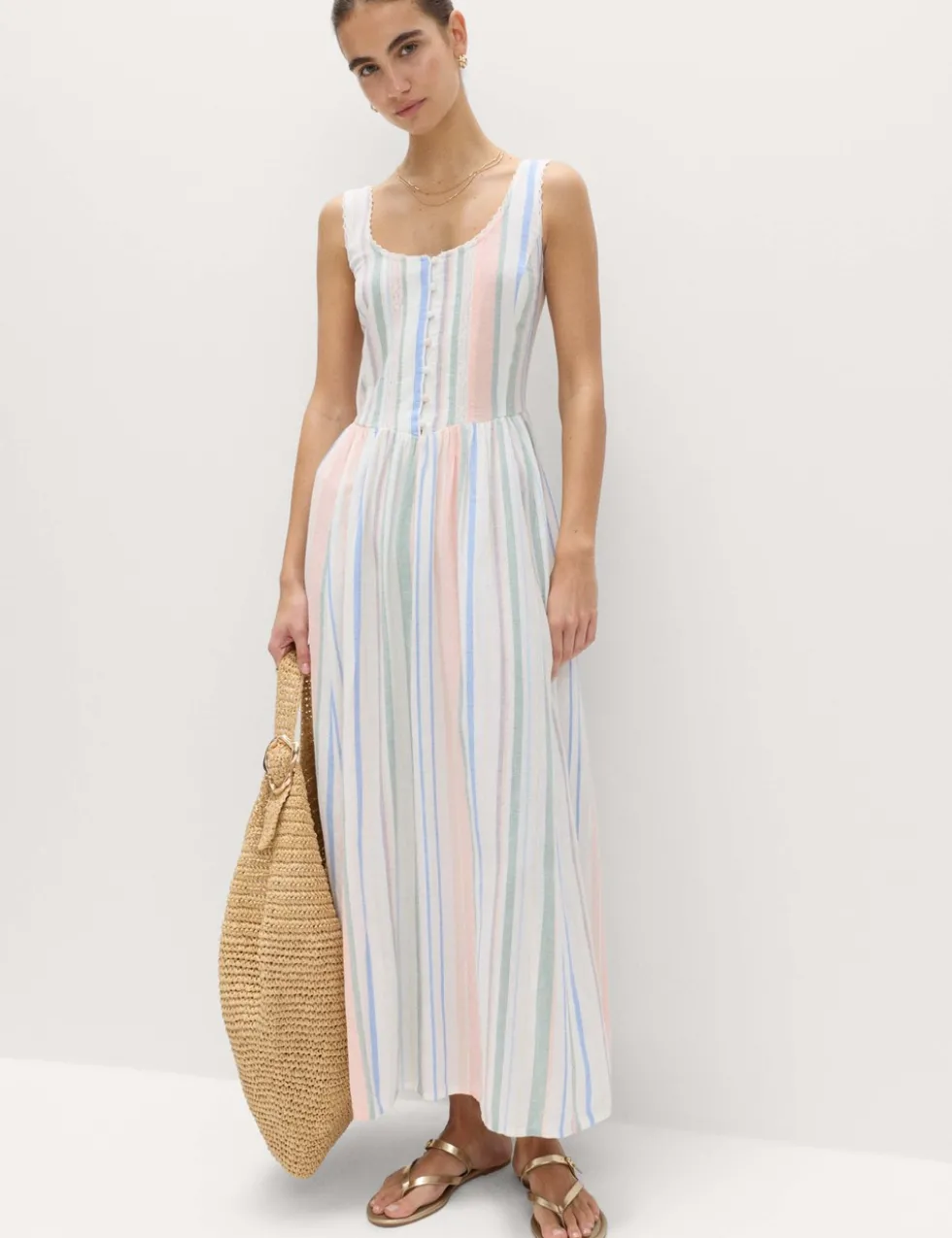 Linen Rich Lace Insert Strappy Midi Shift Dress