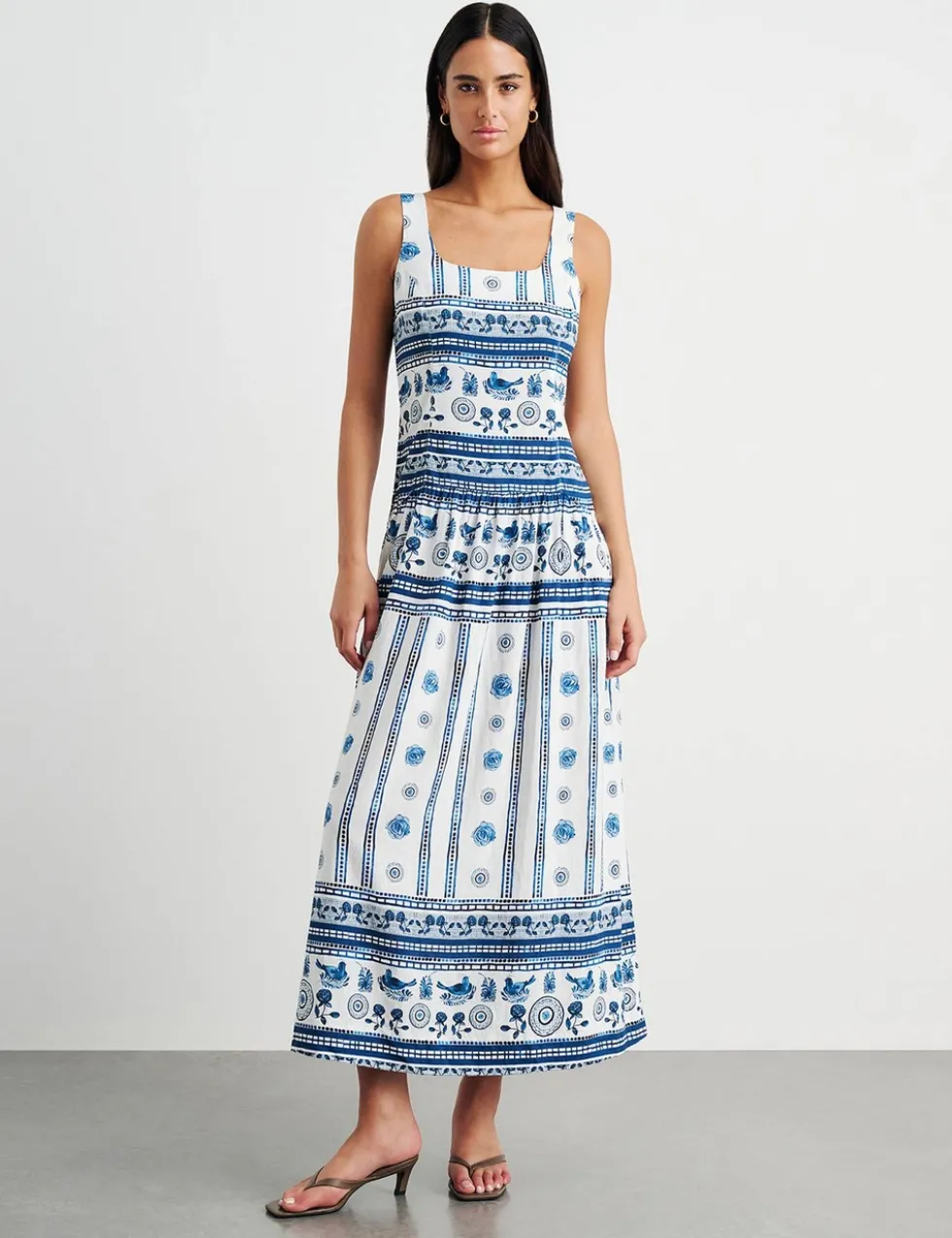 Linen Rich Lovebird Print Maxi Dress
