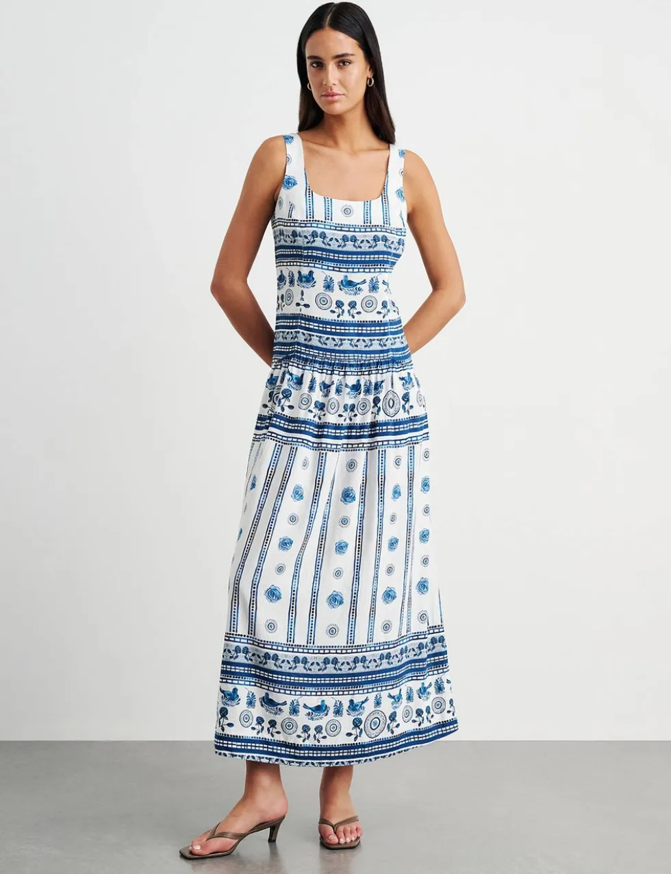 Linen Rich Lovebird Print Maxi Dress