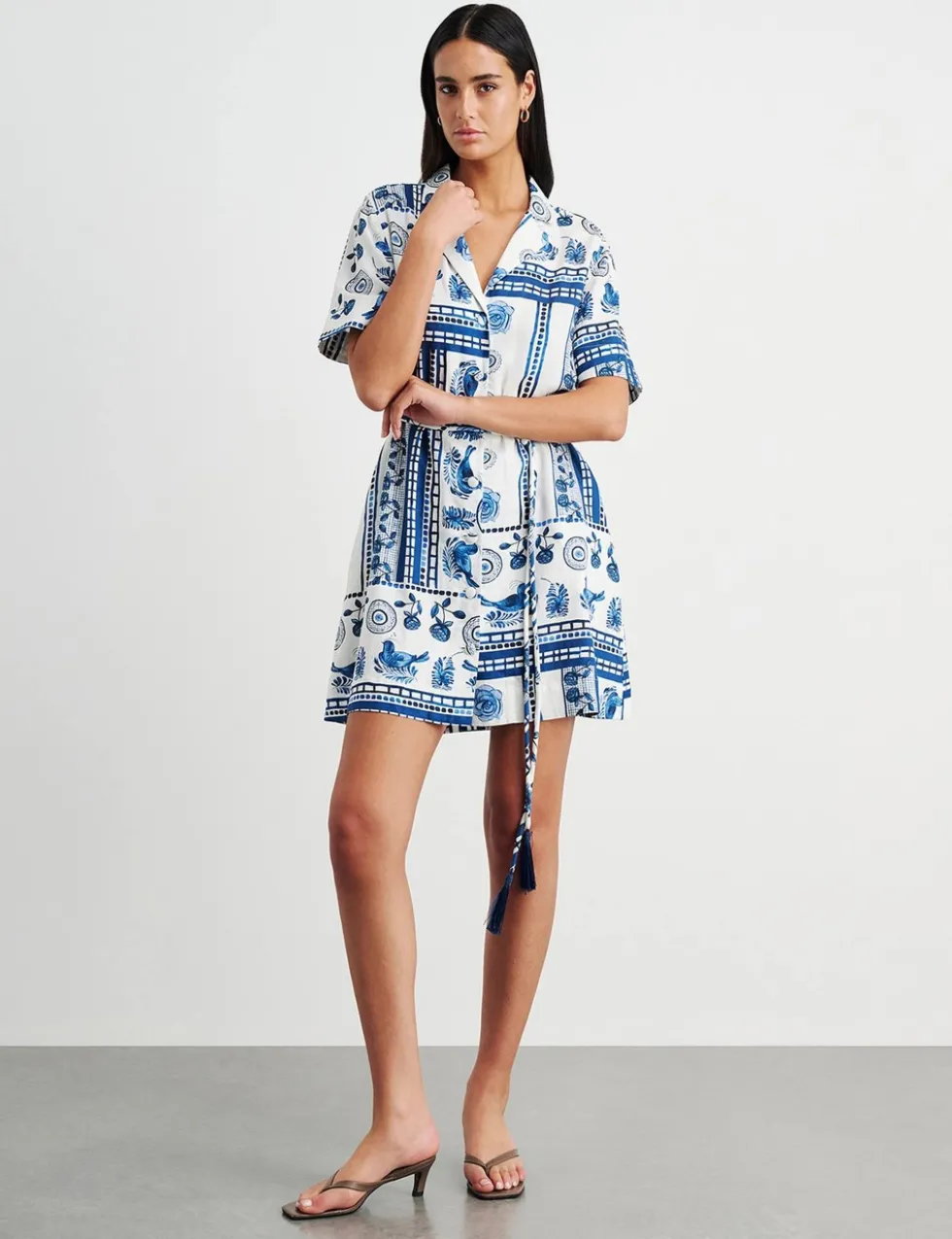 Linen Rich Lovebird Print Mini Shirt Dress