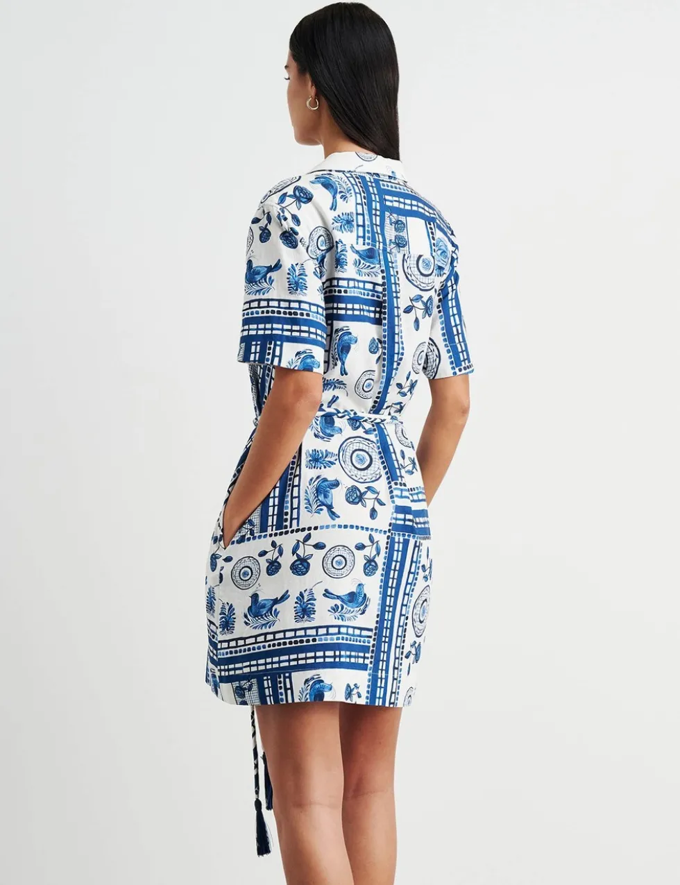 Linen Rich Lovebird Print Mini Shirt Dress