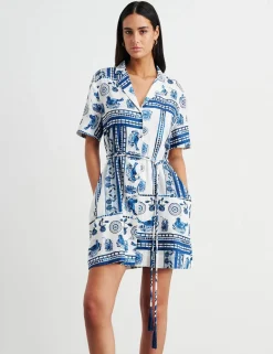 Linen Rich Lovebird Print Mini Shirt Dress