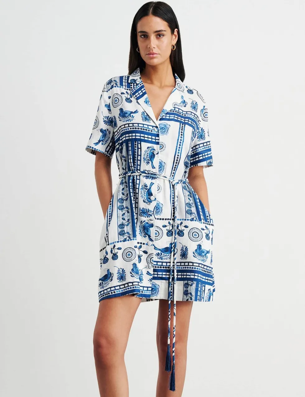 Linen Rich Lovebird Print Mini Shirt Dress