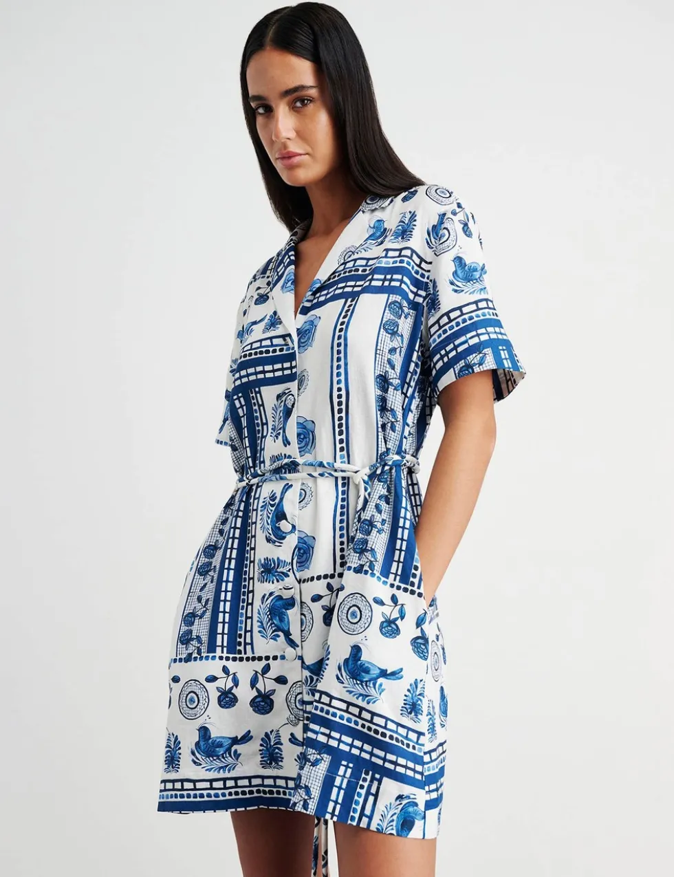 Linen Rich Lovebird Print Mini Shirt Dress