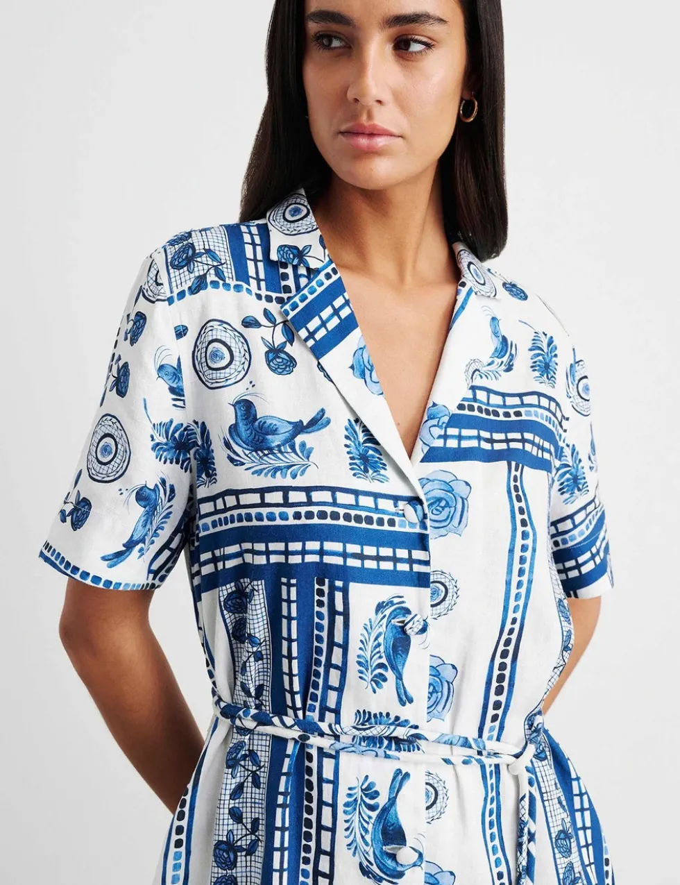 Linen Rich Lovebird Print Mini Shirt Dress