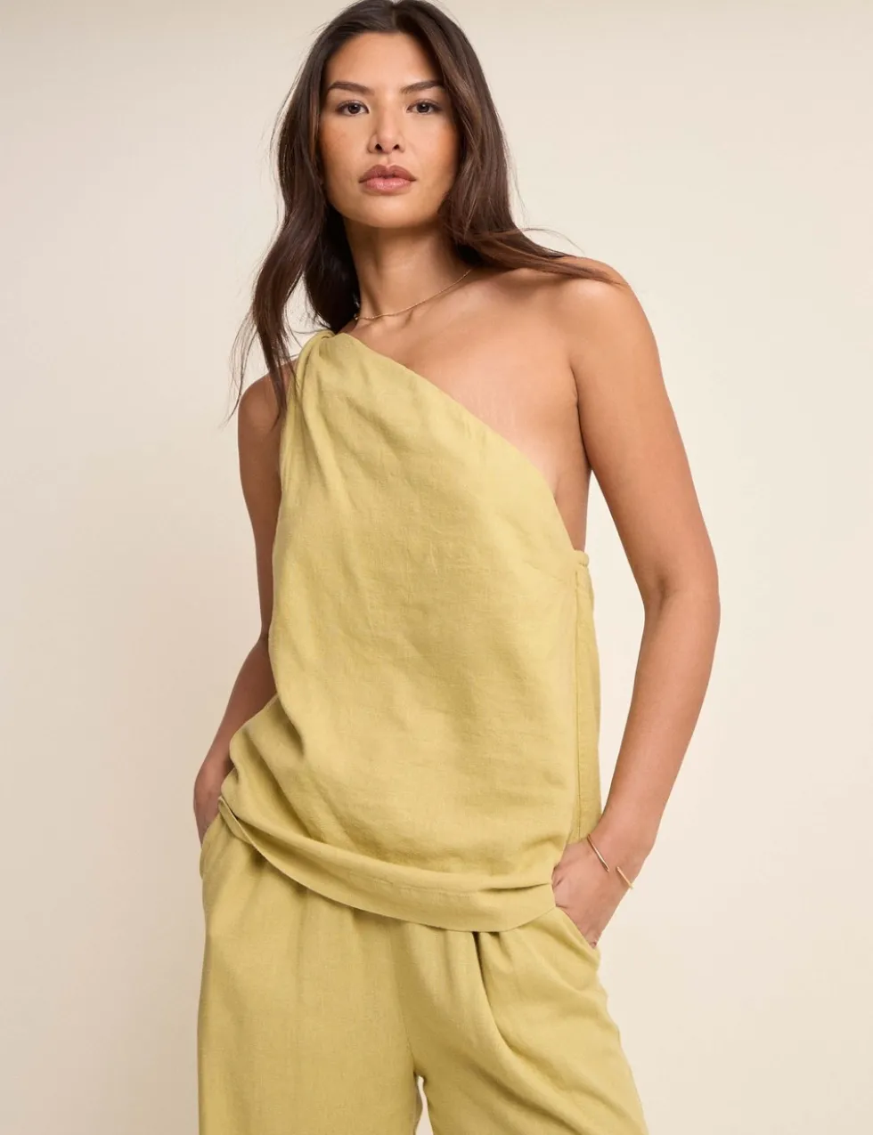 Linen Rich One Shoulder Twisted Top