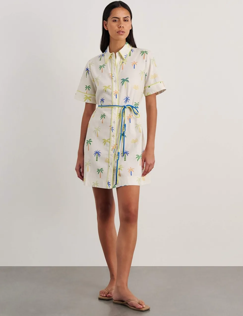 Linen Rich Palm Tree Mini Shirt Dress