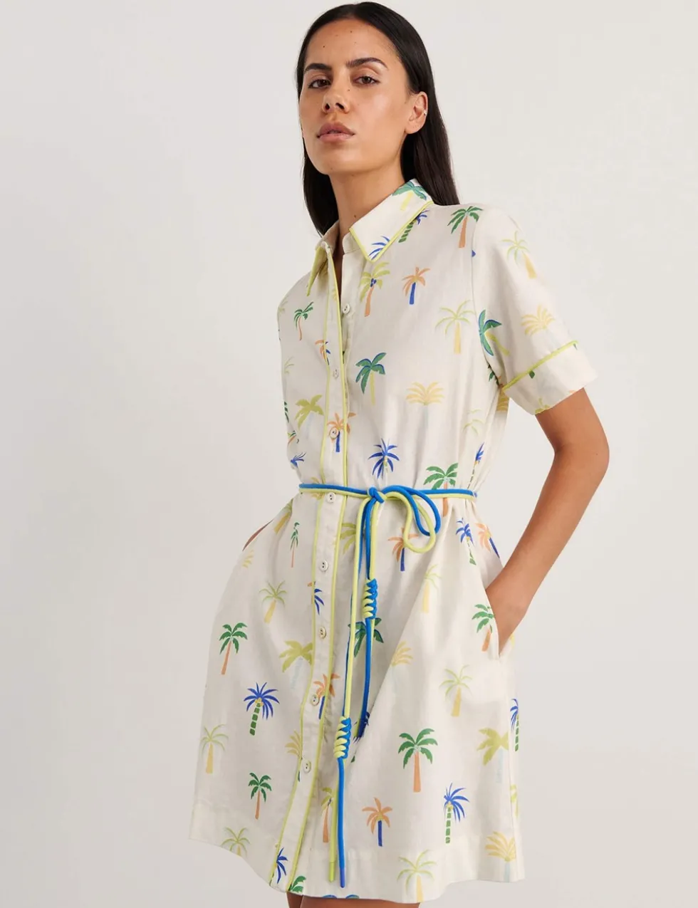Linen Rich Palm Tree Mini Shirt Dress