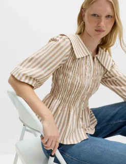 Linen Rich Patterned Shirred Blouse
