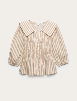 Linen Rich Patterned Shirred Blouse