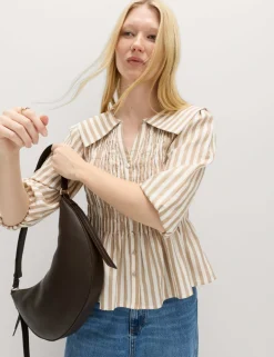 Linen Rich Patterned Shirred Blouse