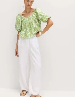Linen Rich Pleated Puff Sleeve Top