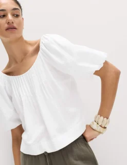 Linen Rich Pleated Puff Sleeve Top