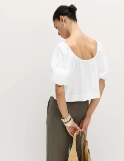 Linen Rich Pleated Puff Sleeve Top