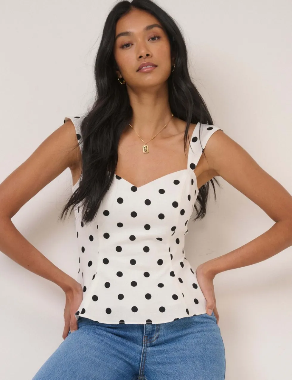 Linen Rich Polka Dot Shirred Top