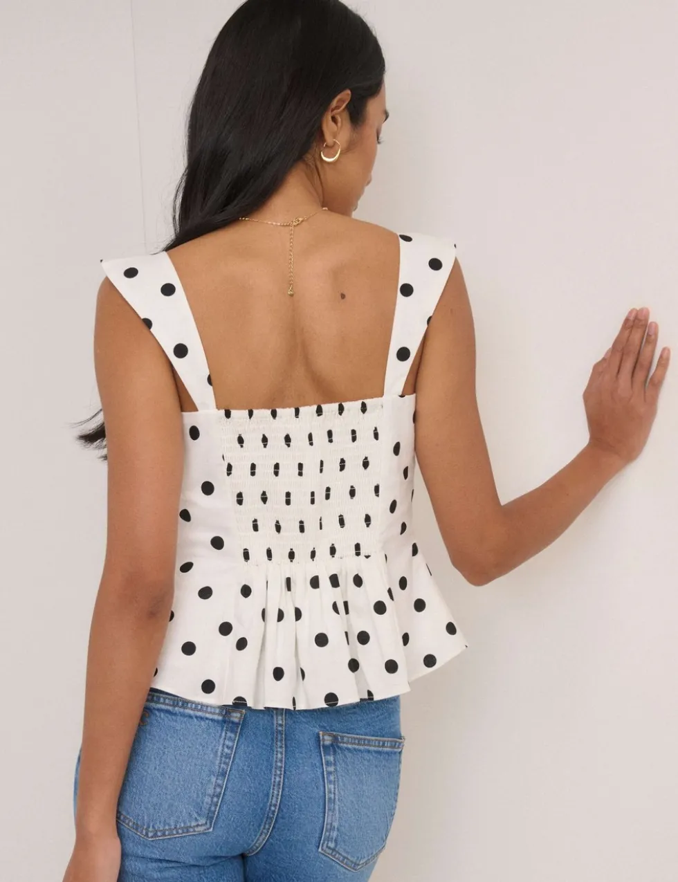 Linen Rich Polka Dot Shirred Top