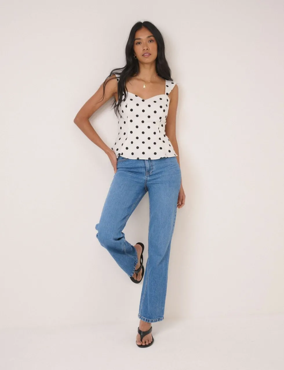 Linen Rich Polka Dot Shirred Top