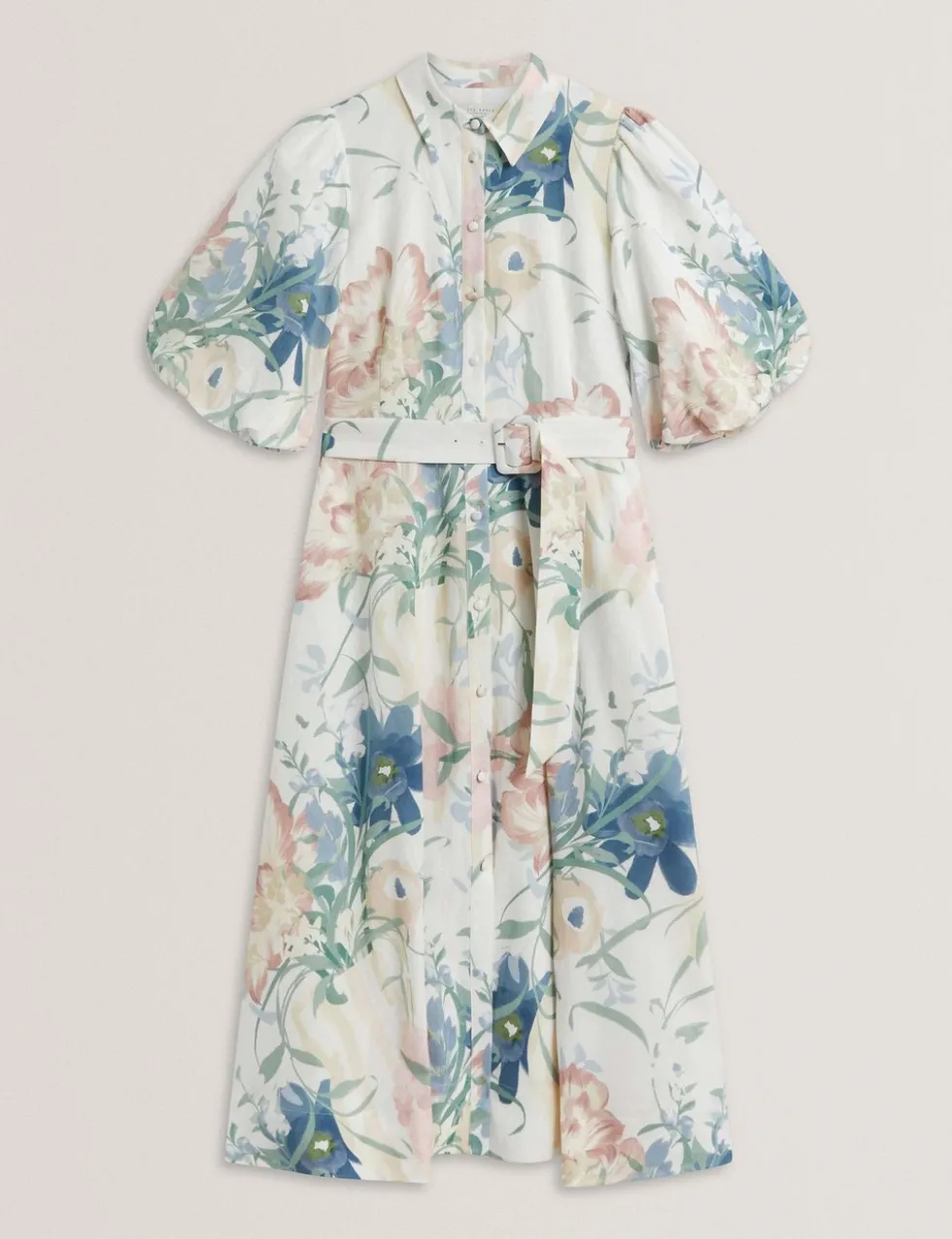 Linen Rich Print Puff Sleeve Midi Shirt Dress