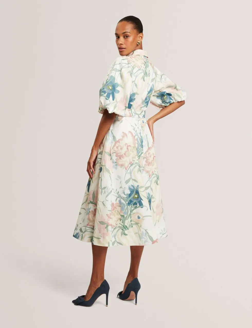 Linen Rich Print Puff Sleeve Midi Shirt Dress