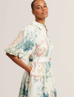 Linen Rich Print Puff Sleeve Midi Shirt Dress