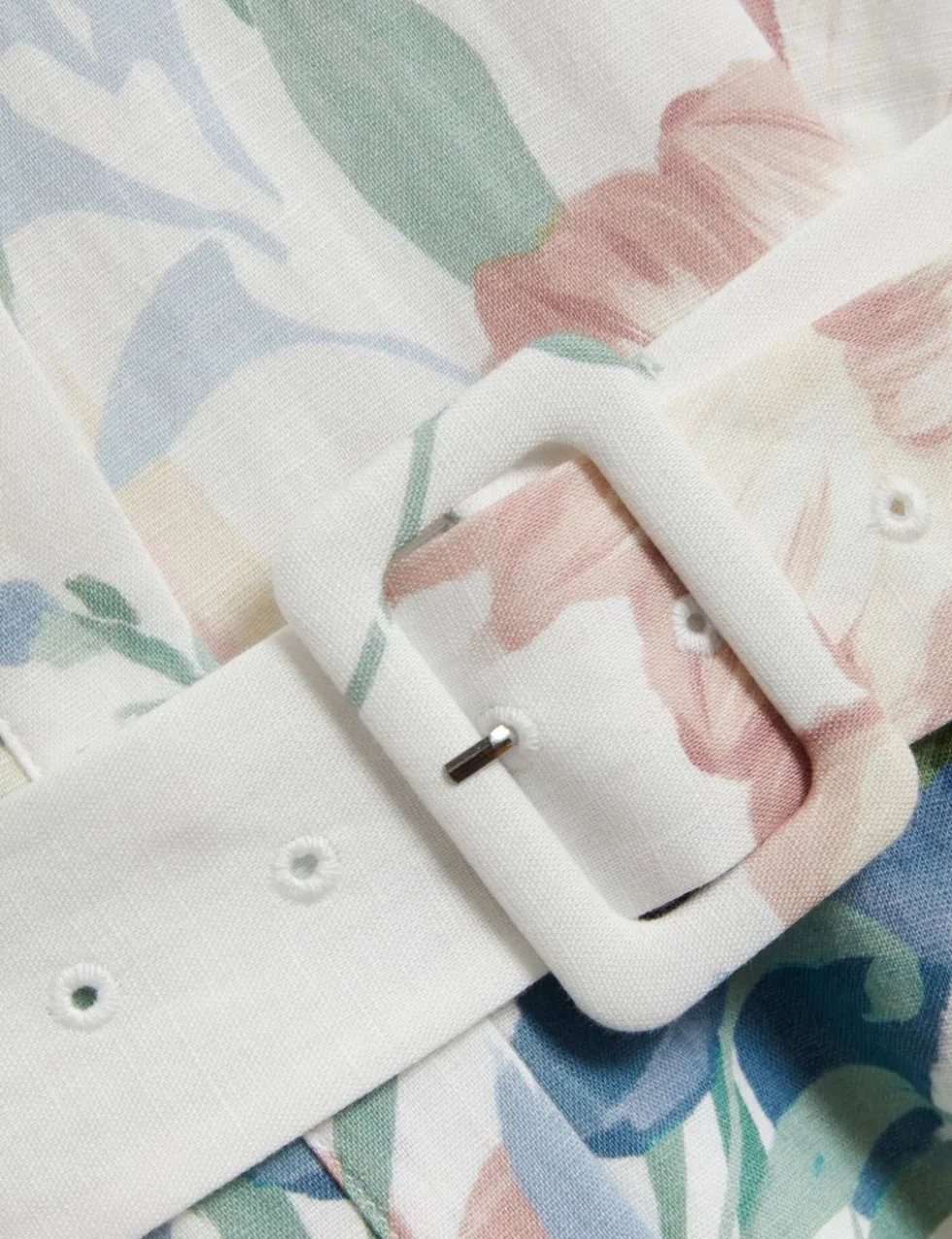 Linen Rich Print Puff Sleeve Midi Shirt Dress