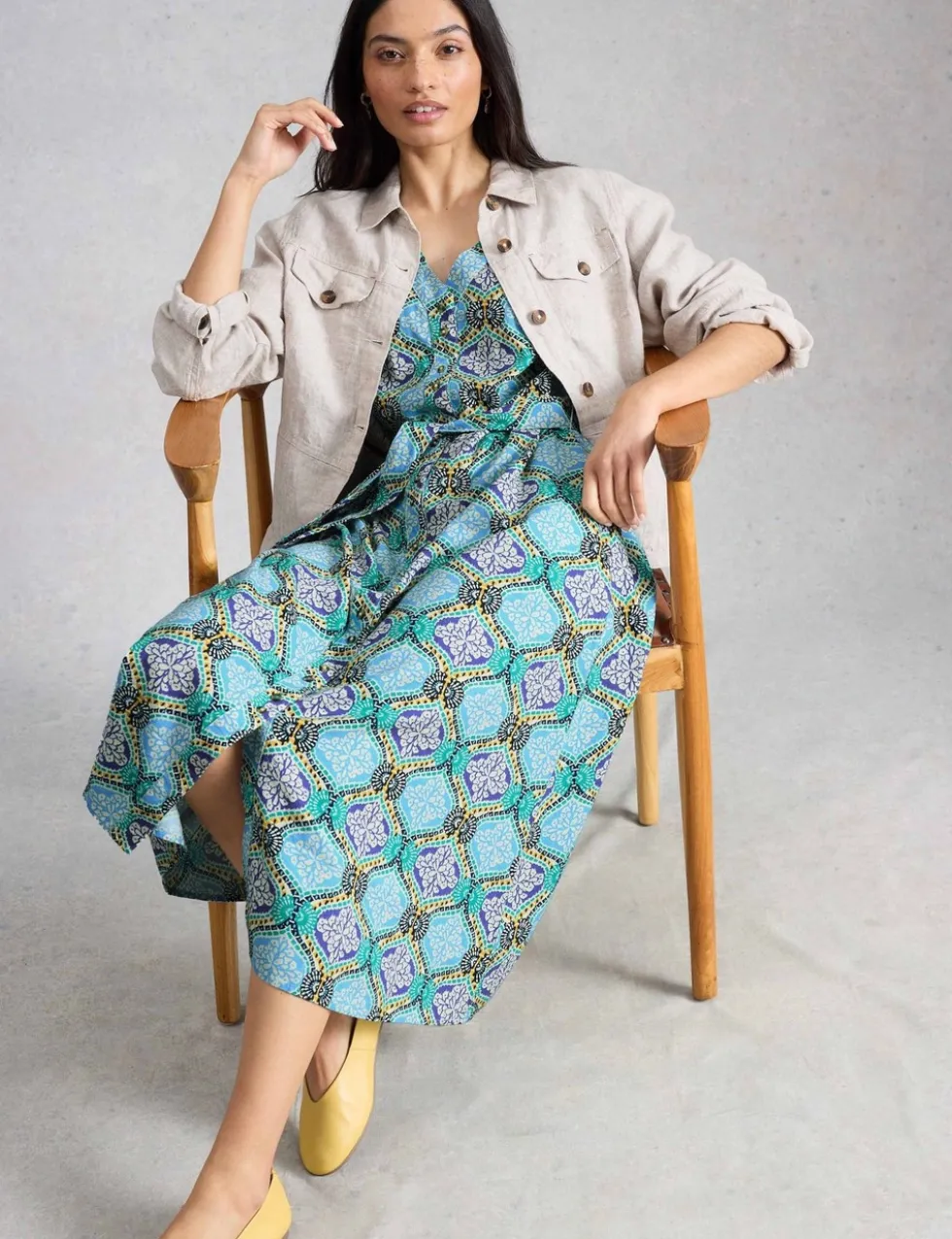 Linen Rich Printed Midi Tea Dress