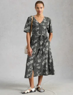 Linen Rich Printed Midi Tea Dress