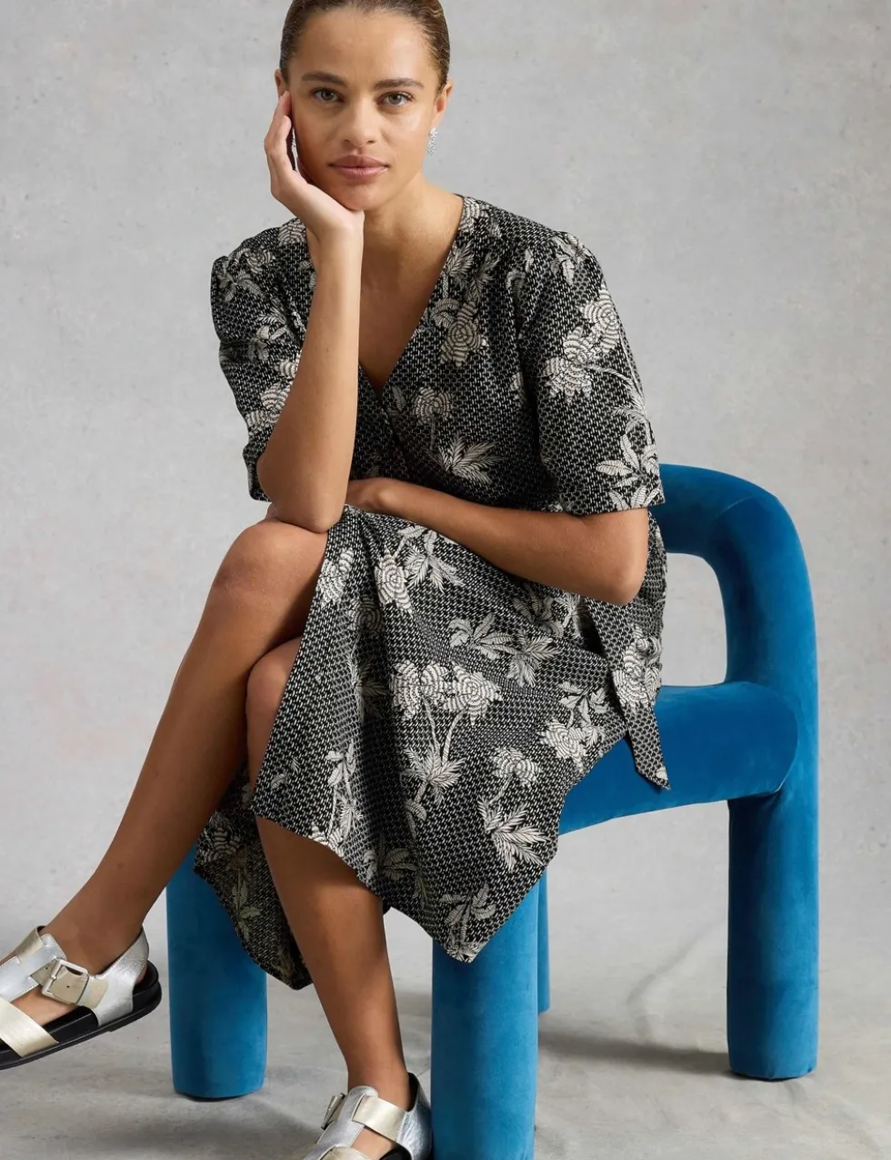 Linen Rich Printed Midi Tea Dress
