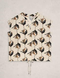 Linen Rich Printed Notch Neck Tie Detail Top