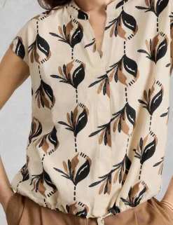 Linen Rich Printed Notch Neck Tie Detail Top