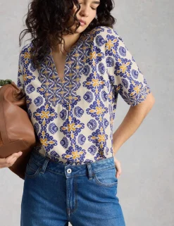 Linen Rich Printed Notch Neck Top