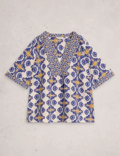 Linen Rich Printed Notch Neck Top
