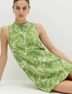 Linen Rich Printed Scallop Mini Shift Dress