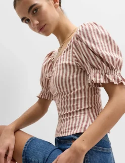 Linen Rich Printed Sweetheart Neck Top