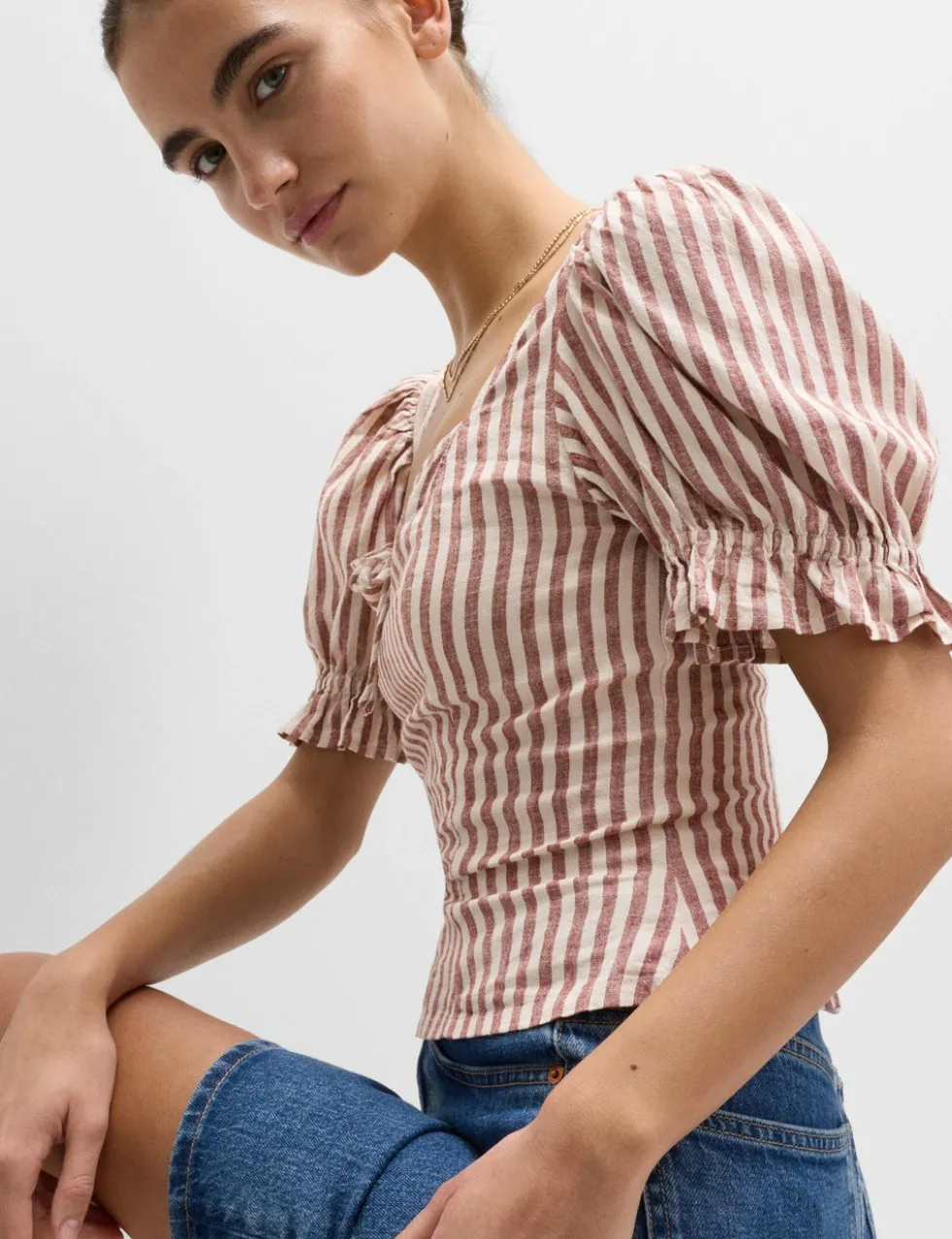 Linen Rich Printed Sweetheart Neck Top