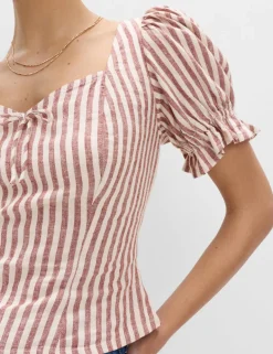 Linen Rich Printed Sweetheart Neck Top